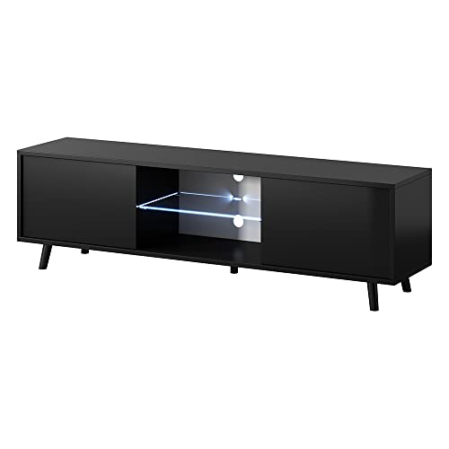 Selsey Lefyr - Meuble TV / Banc TV (Noir Mat / Noir Brillant, 140 cm, éclairage LED)