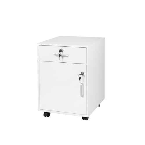 Relaxdays Rollcontainer, Schublade & Türfach, HxBxT: 57 x 40 x 40 cm, abschließbar, Aktenschrank auf Rollen, weiß