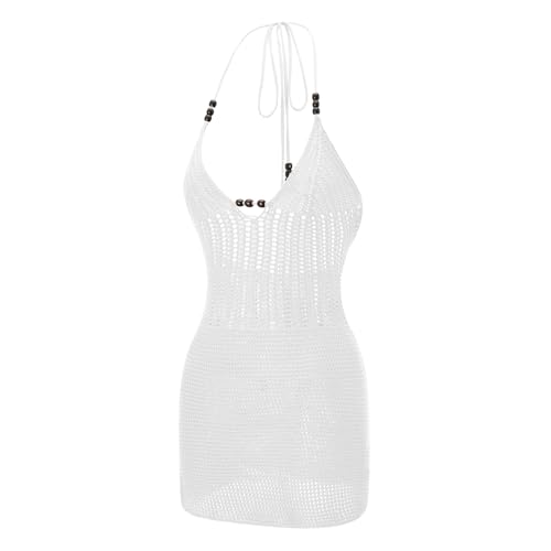 Image of Women Y2k Backless Halter Mini Dress Summer Knit Crochet Cutout Bodycon Party Beach Dress