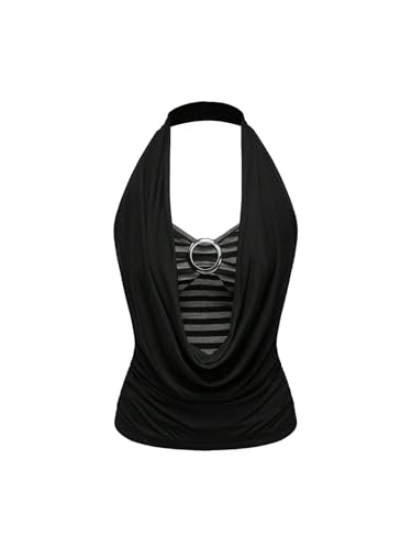 Women's Grunge Vintage Striped Halter Top Ring Detail Draped Sleeveless Y2k Tops Punk Ruched Crop Tops
