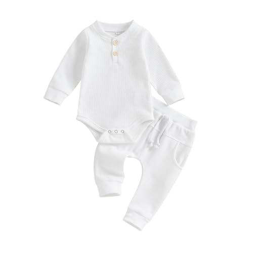 Image of Kuriozud Newborn Baby Boy Clothes Button Long Sleeve Romper Bodysuit Pants Set Infant Soft Waffle Fall Winter Outfit