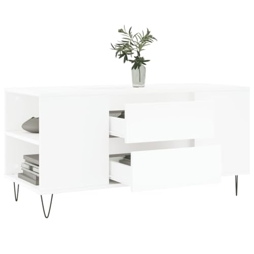 Table basse blanche 102 cm avec 2 tiroirs et 4 compartiments en bois - 5