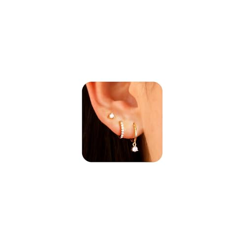 ASCOMY - ASCOMY Gold Hoop Earrings for Women Gold Earrings Set 14K Gold Plated 3 Pairs Cubic Zirconia Stud CZ Circle Hoop Earring Diamond Pendant Earrings Dainty Earring Set Jewelry Gifts for Women