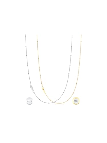 IEFWELL 14K-Real-Gold-Plated S925 Sterling Silver Satellite Chain Necklace for Women - 1.2mm Ball Bead Station Necklace Set Hypoallergenic Sturdy Womens Chain Necklaces 18 Inches Jewelry Gifts