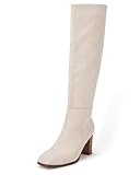 Picture of Coutgo Womens Knee High Boots Chunky Block Heels Square Toe Side Zipper Faux Suede Fall Winter Comfort Boot Beige 7