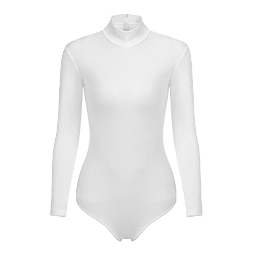 SUPRNOWA Women\'s Long Sleeve Turtleneck Top Bodysuit Mock Neck Stretchy Leotard Jumpsuit Body Suit with Zipper for Dance Gymnastics Cheerleading Fashion (Small, White)