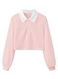 Remidoo Women's Cropped Sweatshirt Half Button Long Sleeve Crop Top Collared Polo Shirt Solid Pink Small