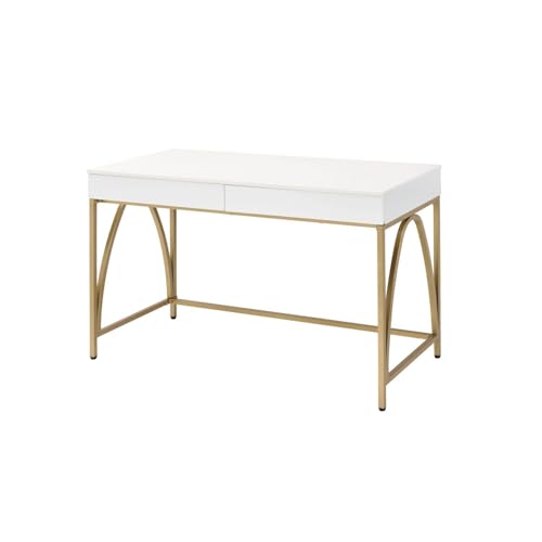 HomeStock Modern Muse 47 x 20 x 31 Inch White and Gold Desk with 2 Storage Drawers and Tubular Metal Legs for Home Office or Study Room