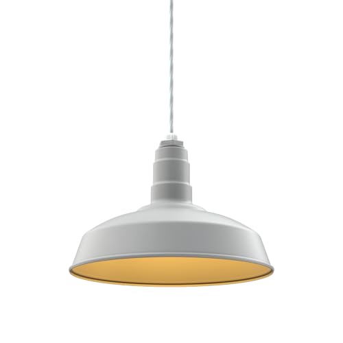 Image of Steel Lighting Co. Carson Barn Light | Ceiling Mounted Pendant | 16 inch Dome | 4' White Cord | Industrial Style Steel Light Made in America | Modern Gray Exterior /Brass Interior