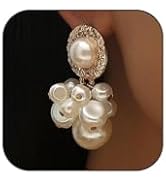 Chunky Geometric Cluster Pearls Drop Earrings, Baroque White Red Big Pearl Dangle Statement Earri...