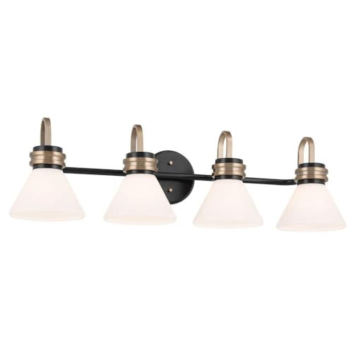 Image of Kichler Farum 34 inch 4-Light Bathroom Vanity Light Fixture with Opal Glass in Black, Modern Over Mirror Lighting for Single or Double Vanity, Powder Room (34 inch W x 9.5 inch H), 55156BK