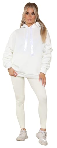 Image of Crazy Girls Women's Ruched Sleeve Oversized Ladies Ribbon Hoodie Jumper top (UK, Numeric, 20, 22, Plus, Regular, Cream)