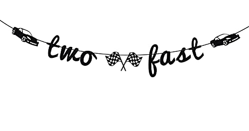 Two Fast Banner, 2nd Birthday Decorations, Race Car Theme Party Supplies, Child's 2nd Birthday Party Decorations Black Glitter