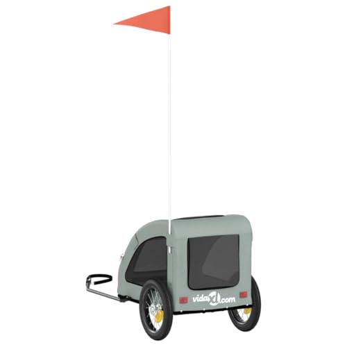 vidaXL Fahrradanhänger für Hunde, Hundeanhänger mit Reflektoren Flagge, Hundetransporter Maximale Belastbarkeit 30kg, Grau Oxford-Gewebe Eisen