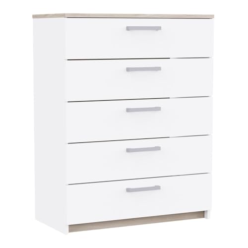 Miroytengo Cómoda Watson de Dormitorio con 5 Cajones Estilo Moderno en Color Blanco Mate y Roble Kronberg 80x103x41 cm
