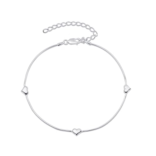 Image of Amberta Italian Sterling Silver Anklet for Women 925 | Adjustable Ankle Bracelets for Women Beaded Heart Summer Jewellery