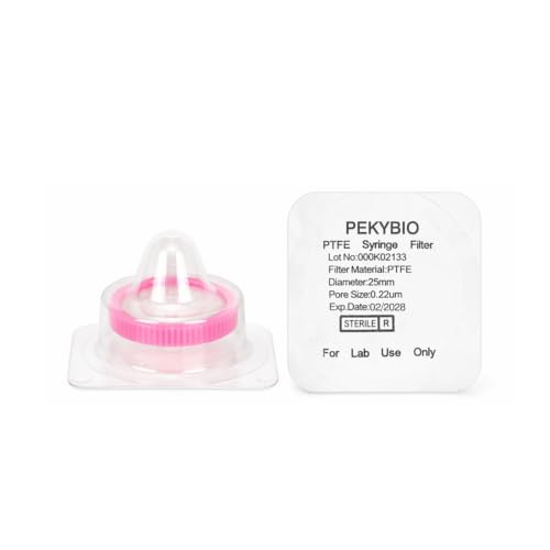 Image of PEKYBIO Sterile Syringe Filter, 25mm PTFE Hydrophobic Filtration 0.22μm Pore Size with Pink Smooth Ring, Individually Packed for Lab, Pack of 10