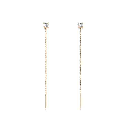 S.Leaf 18Karat Gold Plated Chain Threader Earrings for Women Trendy 925 Sterling Silver Hypoallergenic Cubic Zirconia Dangle Chain Threader Double Piercing Pull Through Earrings Women