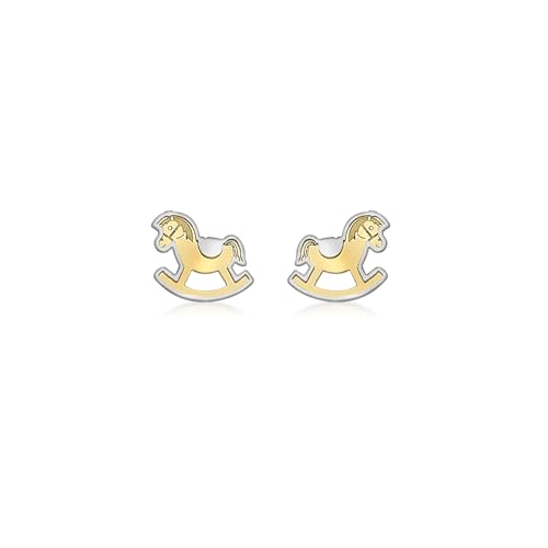 Puces Cheval à Bascule Or 9 ct CARISSIMA Enfant, boucle d'oreille bicolore fillette