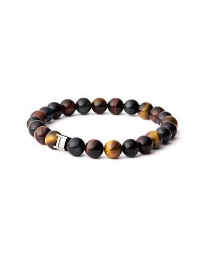 Gemini Pulsera Cuero Hombre con Ojo de Tigre Minerales Naturales - Caja Regalo - Protege de energía negativa - Atrae Fortuna - Talla L 21 cm Cover