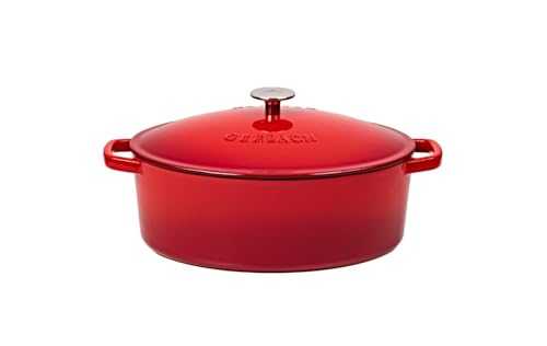 Gerlach 1760 Gusseisenpfanne 5,5 l Gusseisen Bräter Mit Deckel Cocotte Für Alle Herdarten Backofen Rot Natur Iron