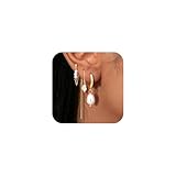 Turandoss Pearl Earrings Set for Women Trendy Dainty Pearl Dangle Hoop Earrings Mismatched Threader & Stud Earrings Stack 14K Gold Plated Jewelry Multiple Piercings Gold