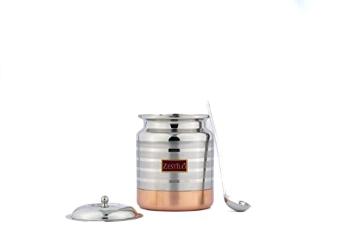 Image of Stainless Steel Oil /Ghee Jar Ghee Container Oil Pot Ghee Container With Spoon Copper Bottom Finish (750 Ml), Blue-Violet