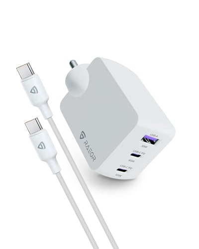 RAEGR Rapidlink 1180 65W Gan Fast Charger Adapter Triple Port Wall Charger |100W Type-C Pd (2M) Cable Combo|Bis Certified Adapter Compatible with Macbooks,Phones,iPad,Tablets-RG10563
