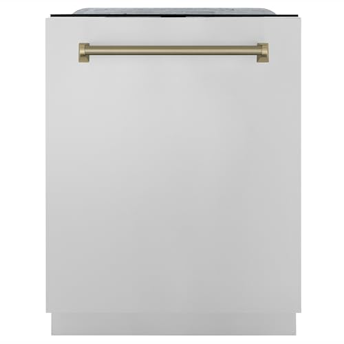 ZLINE Autograph Edition 24 in. Monument Series 3rd Rack Top Touch Control Tall Tub Dishwasher in Stainless Steel with Champagne Bronze Helix Handle, 45dBa (DWMTZ-30424-KCB)