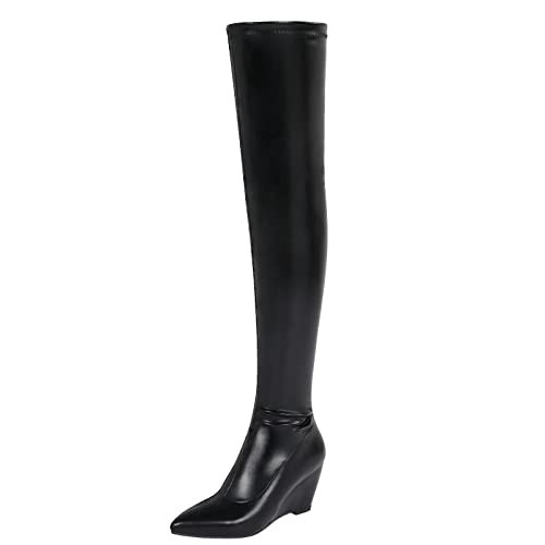 Bottes en cuir à bout pointu talons compensés 8cm pour femme