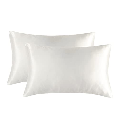 Satin Pillow Cases 2 Pack, 20X26 Inches Ultra Breathable Cooling Soft Smooth Pink Satin Pillowcase for Hair and Skin,Envelope Closure,Hypoallergenic,Anti Acne White Pillow Cases for Women Men