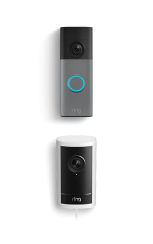 Image of Ring Battery Doorbell (newest model), Speckled Gray with Outdoor Cam Pro, Plug-In White