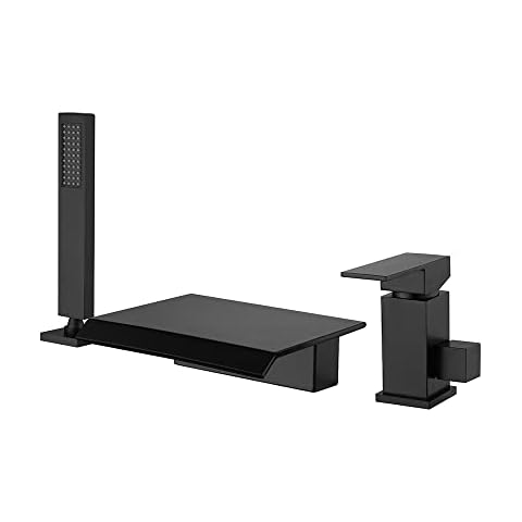 Homary Moda Waterfall Matte Black Roman Bathtub Filler Faucet with Handshower Solid Brass Cover