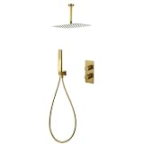 IMEX - Doccia a Incasso Termostatica a Soffitto Color Oro | Set Miscelatore a Incasso con Soffione e Effetto Pioggia Anticalcare | Doccia a Incasso con Miscelatore in Ottone e Acciaio Inox