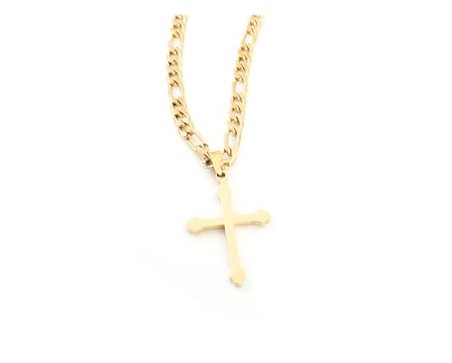 18K Gold Figaro Chain Style Small Cross Pendant Necklace 5MM Cross Necklace Clasp for Men, Women, Fashion Jewelry Religious Gifts Cuban Link Diamond Cut Beveled Edge