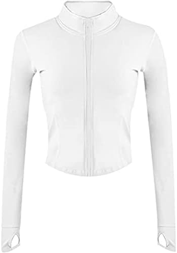 Yeokou Womens Active Zip Up Running Workout Cropped BBL Athletic Jacket with Thumb Holes(White-XXL)