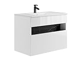 Meuble de salle de bain suspendu à LEDs avec vasque à encastrer, blanc et noir effet marbre, L80 x P46 x H60 cm, 2 placards avec système soft close, 1 étagère, 1 niche, LEDs blanche avec capteur intégré, vasque en céramique blanche, POZEGA