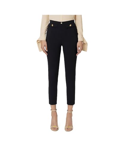  Elisabetta Franchi Pantalone Dritto in crêpe Stretch con Rivetto Logo Nero