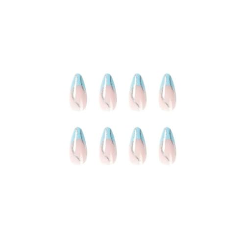 Image of Glitter Press on Nails Blue French Tip Fake Nails Medium Almond False Nails with Shiny Line Design Glossy Glue on Nails Artificial Acrylic Nail Stick on Nails for Women Girls Manicure 24Pcs