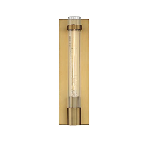 Image of Savoy House 9-996-1-322 Willmar Industrial Modern Clear Ribbed Glass Rectangular Wall Sconce, 1-Light 60 Watt, 16 inch H x 5 inch W, Warm Brass