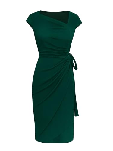 Image of Women's Vintage Cap Sleeves Asymmetrical Neckline Sheath Bodycon Casual Work Cocktail Party Pencil Faux Wrap Dresses