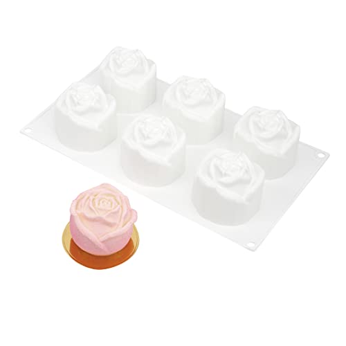 Pastry Tek 6 Cavities Rose Baking Mold, 1 Oven-Ready 3D Rose Mold - Flexible, Freezable, White Silicone Chocolate Mold, Easy Release, For Making Candies or Chocolates - Restaurantware