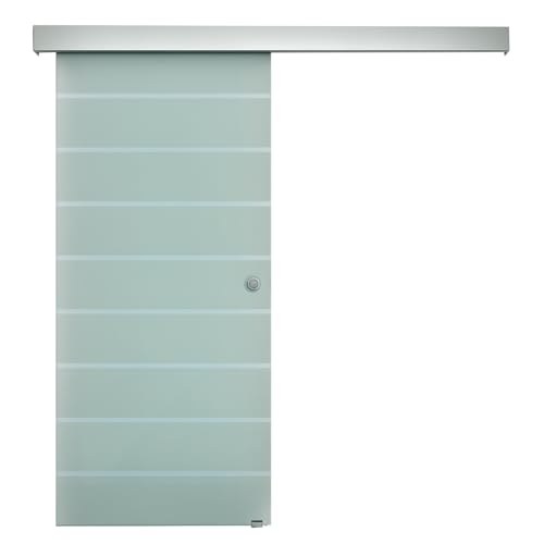 HOMCOM 90cm Sliding Glass Door with Hardware Track Kit, Frosted Tempered Glass with Stripe Pattern, Round Handle