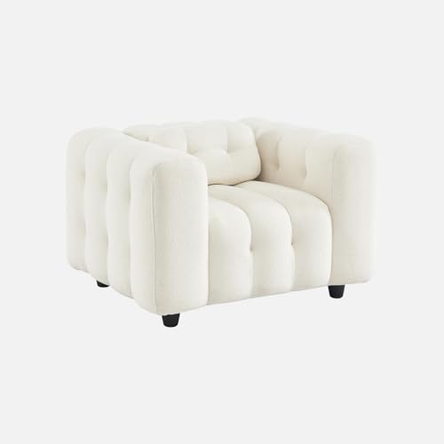 sweeek - Fauteuil 1 Place en Bouclette texturée capitonné Blanc Structure Bois d'eucalyptus et...