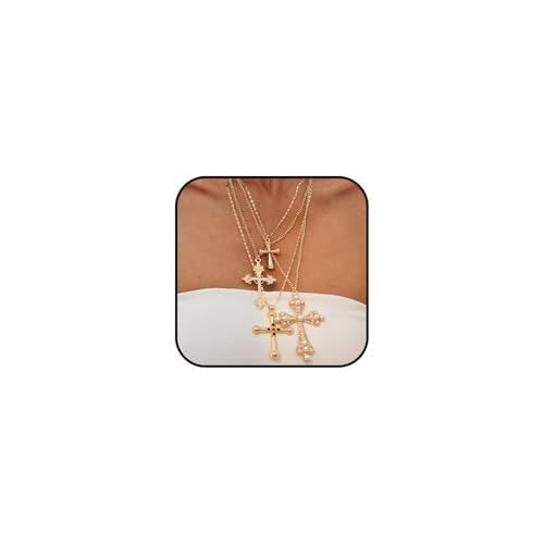4Pcs Chunky Cross Necklace for Women Gold Statement Big Cross Pendant Necklace Pearl Cross Layered Chain Necklaces Set Punk Grunge Y2K Jewelry