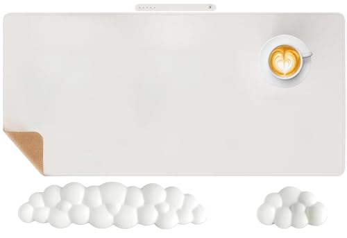Leather Cloud Keyboard Wrist Rest, 3-in-1 Cloud Wrist Rest W/ 35.7 X 15.7in Leather Desk Pad,Memory Foam Cloud Palm Rest?Mouse Pad Rest Support for Office/Computer/Laptop/Mac Setup,White