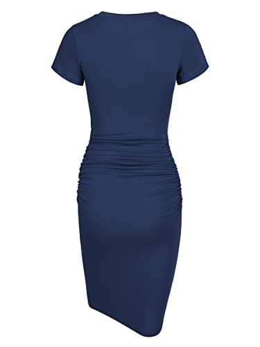 Laughido Midi Bodycon Tshirt Casual Dress Women's Short Sleeve Ruched Knee Length Sundress (Royal Blue, Xx-Large) #TOP1