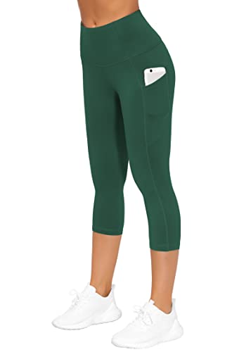 Image of THE GYM PEOPLE Thick High Waist Capris Yoga Pants with Pockets, Tummy Control Workout Running Yoga Leggings for Women