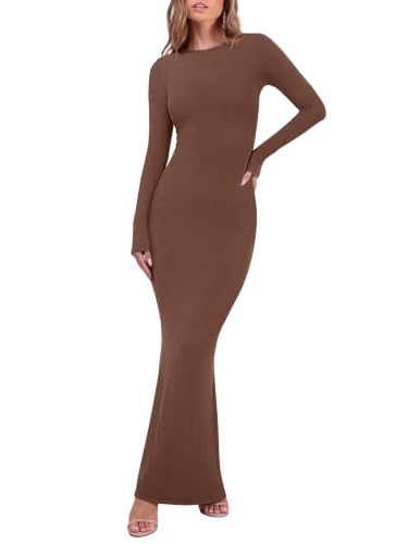 Image of REORIA Women's Sexy Casual Crew Neck Lounge Slimming Long Dress Elegant Wedding Guest Long Sleeve Ribbed Bodycon Maxi Dresses Coffee Medium