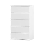Wooden Chest Of Drawers, 4/5/6 Drawer Modern Heavy Duty Dresser No Handle Sleek Design Tall Dresser Storage Organizer Unit Bedroom Furniture for Home Office (White, 5 Drawers)